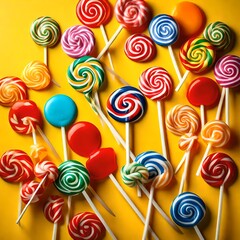 Fototapeta na wymiar Image of multicoloured lollipops on yellow background