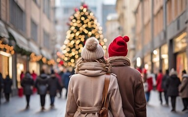 couple walking in the city for christmas shopping  and People walking in the city at christmas time, back view. Christmas and new year concept created with generative ai