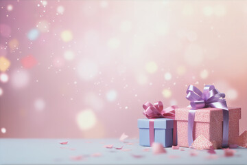 Fototapeta premium Celebration Birthday Background with Parcels Wallpaper Gift Invitation Card Pastel Colors