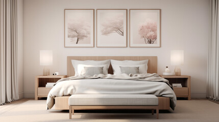 an inviting bedroom with a king-sized bed and a wooden dresser and several framed prints of artwork on the wall