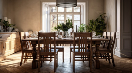 an inviting dining room with a large wooden table and six chairs and a chandelier