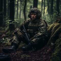 Obraz premium Military camouflage clothing, in forest with grunge effect, soldier