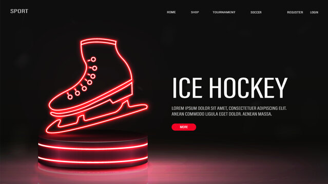 A web banner with neon glowing ice hockey skates on a 3d podium in red on a dark background. A concept for sports.