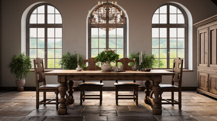 an inviting dining room with a large wooden table and four chairs and a chandelier