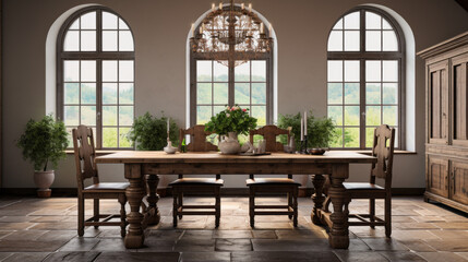 Fototapeta premium an inviting dining room with a large wooden table and four chairs and a chandelier