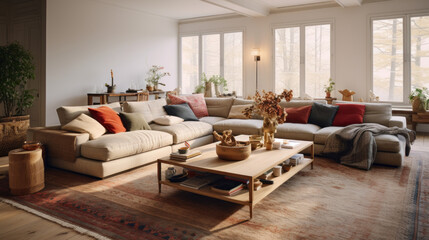 an inviting family room with a large sectional sofa and a patterned rug