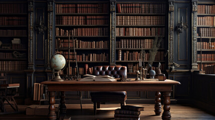 an inviting library with a large wooden desk and several bookcases filled with books and a comfortable leather armchair in the corner - obrazy, fototapety, plakaty