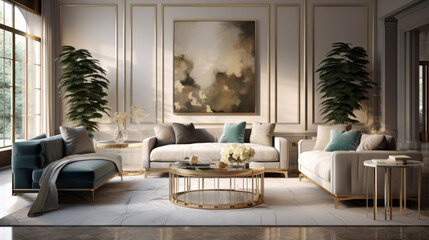 Fototapeta na wymiar An inviting living room features a velvet sofa and a marble-topped coffee table with gold accents