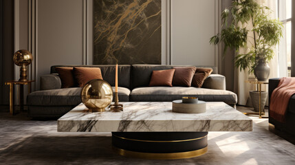 An inviting living room features a velvet sofa and a marble-topped coffee table with gold accents
