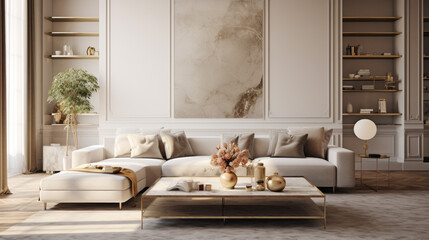 An inviting living room with an elegant velvet sofa and a marble-topped coffee table with gold accents - obrazy, fototapety, plakaty