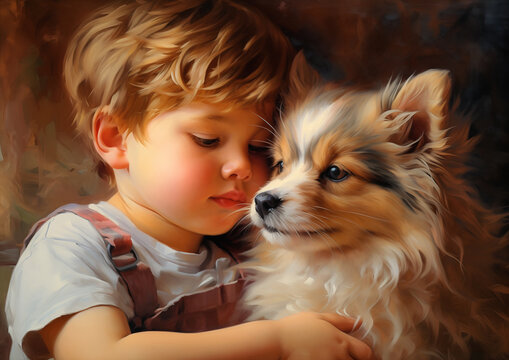 boy dog studio setting tenderness children fluffy gentle face stunning compassionate light fur kind little friend