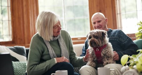Senior couple, dog and couch in home with care, talking and love with bonding, relax and stroke with kindness. Elderly woman, old man and animal with play, smile and pet with chat on living room sofa