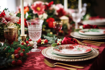 Naklejka premium Festive dining table set for Christmas dinner. Holiday decorations, wine glasses and tableware. Generative AI