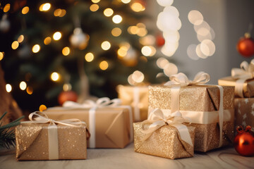 Gifts in front of a christmas tree. Christmas presents on floor near fir tree. Generative AI