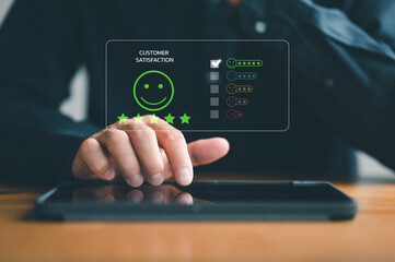 customer services best excellent business rating experience. Satisfaction survey concept. Hand of businessman chooses smile face on virtual screen. 5 Star Satisfaction. best quality of product.