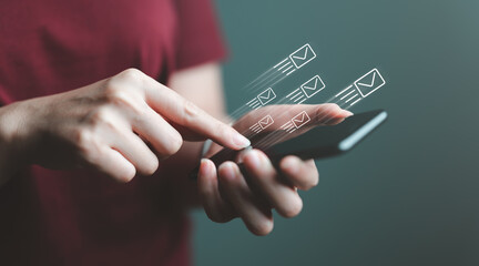 email marketing concept, person reading e-mail on smartphone, receive new message, Message Online,...