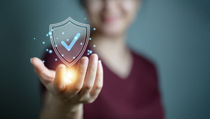 woman holding shield protect icon. Protection network security computer and safe your data concept,...
