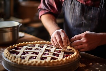 Handsome baker carefully placing a lattice pie crust on top of a fruity pie filling, christmas cake preparation,Generative Ai  - obrazy, fototapety, plakaty