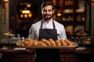 Handsome baker holding a tray of golden croissants, showcasing his expertise in French pastry, Croissant mastery, Pastry skill,Generative Ai  - obrazy, fototapety, plakaty