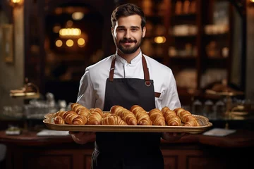 Ingelijste posters Handsome baker holding a tray of golden croissants, showcasing his expertise in French pastry, Croissant mastery, Pastry skill,Generative Ai  © Amir