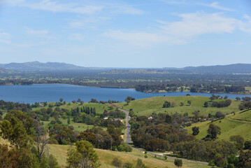 Scenic mountains view with Lake Hume from Kurrajong Gap Lookout located between Bellbridge and Bethanga, a short drive from Albury Wodonga Victoria, Australia.