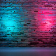 Blue and pink lights on a brick wall. Generative ai. 