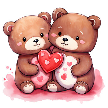 Watercolor Cute Cola Bear Couple Valentine Clipart Illustration