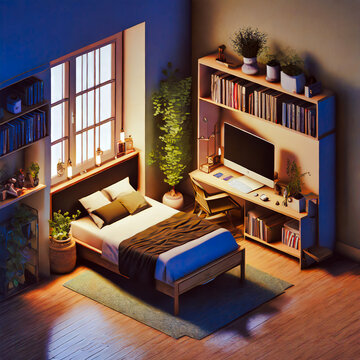 Firefly Isometric render, nostalgic bedroom with a gaming pc, windows, plants bookshelves, desk, 3d 
