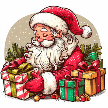 Ilustración de un papa Noel cogiendo un regalo, ilustración para postales navideñas, decoración de navidad, creaciones navideñas