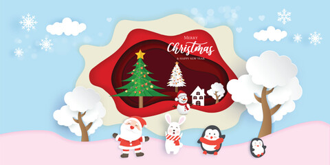 Merry Christmas banner with cute pine tree Santa Claus and festive decoration for Christmas in art paper style
