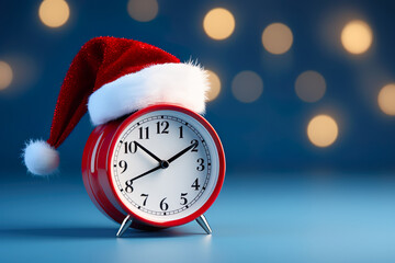 Christmas time. Red alarm clock with santa hat on Blue Background. Christmas sales, countdown to the New Year
