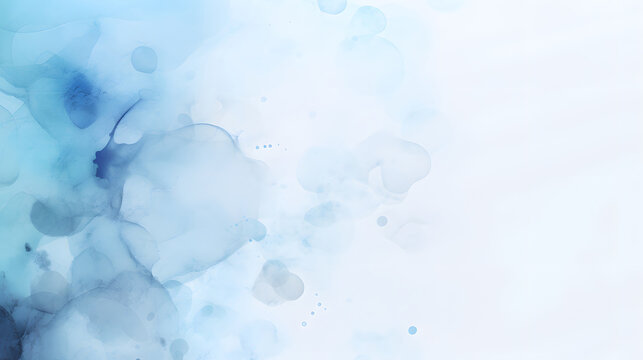 Watercolor abstract blue background with bubbles, stains, splashes of liquid paint.  Design of horizontal poster with copy space for text. 
Banner for a medical website in trendy minimal style. 