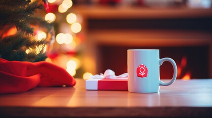 Christmas background with Mug on a Table blurred effect. warm, and cozy ambient lighting from New...
