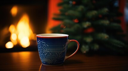 Christmas background with Mug on a Table blurred effect. warm, and cozy ambient lighting from New Year's tree Composition