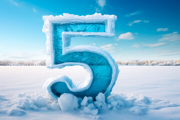 The number five in the cold, against the backdrop of winter during a snowfall. Frozen number five...