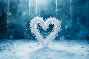 Fototapeta premium A frozen heart against a backdrop of wintry weather. A cold heart in the midst of snow. Chill in relationships. A snow-covered heart in the frost