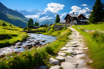 Beautiful mountain village scenery with fresh green meadows - Powered by Adobe