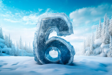 The number six in the cold, against the backdrop of winter during a snowfall. Frozen number six in the midst of the cold season. A giant number six in the cold
