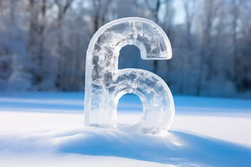 Fotobehang The number six in the cold, against the backdrop of winter during a snowfall. Frozen number six in the midst of the cold season. A giant number six in the cold © Uliana