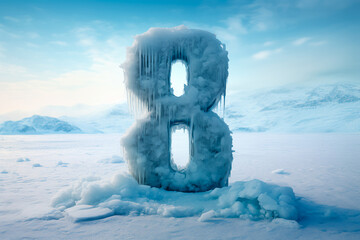 The number eight in the cold, against the backdrop of winter during a snowfall. Frozen number eight in the midst of the cold season. A giant number eight in the cold
