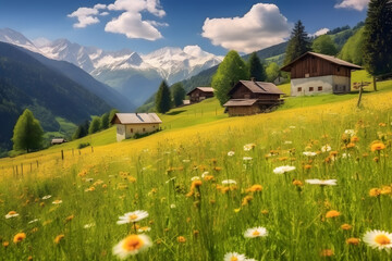 Fototapeta na wymiar Beautiful mountain village scenery with fresh green meadows