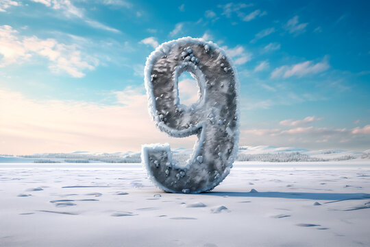 The number nine in the cold, against the backdrop of winter during a snowfall. Frozen number nine in the midst of the cold season. A giant number nine in the cold