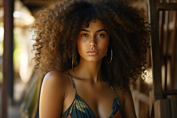 Afro-american woman model wearing a black sundress in a garden