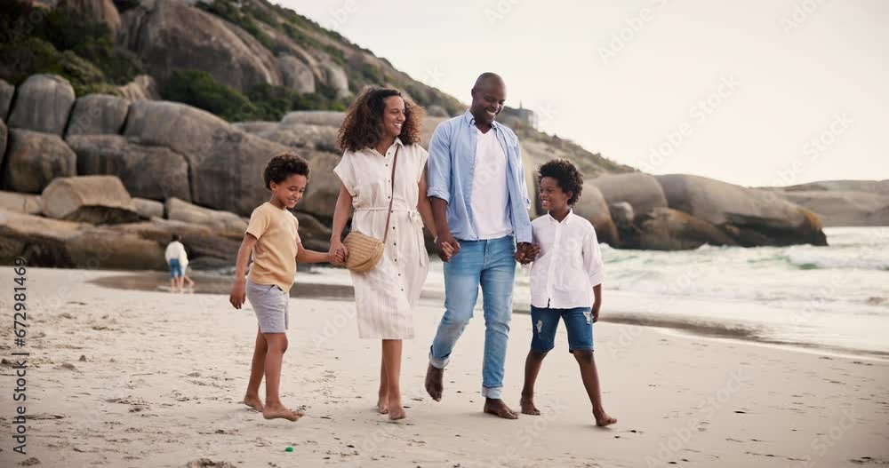 Poster Happy family, together and walk for holding hands on beach for summer vacation in Cape Town. Black man, woman and children with excited smile for travel, trip or holiday to coast with love for bond