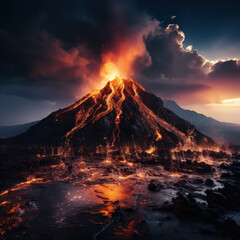 Volcano erupting at night exceptional clarity vivid 
