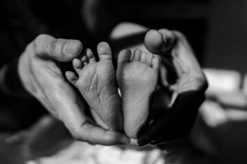 Close up photo to an infant baby's feet held in adult's hand