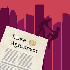 A lease agreement for renting a downtown apartment is seen in front of tall buildings in a 3-d illustration about stepping up to a better apartment.