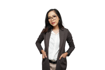 Beautiful Young Asian Businesswoman Pointing Cutout Isolated Background