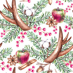 Christmas pattern with deer antlers, pine needles, apple on a white background