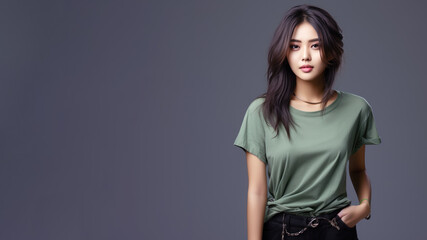 Asian woman wearing green t-shirt isolated on gray background - obrazy, fototapety, plakaty